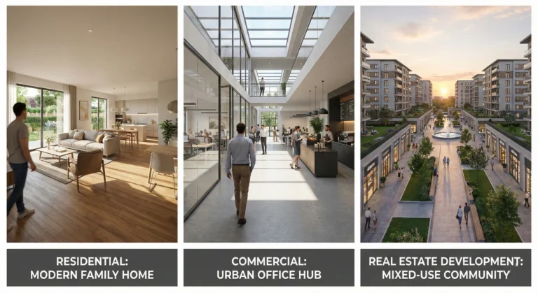 Three-panel 3D render comparison showing a modern home interior, urban office hub, and mixed-use community at sunset.