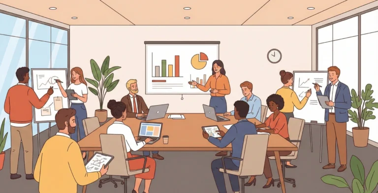 Illustration of a diverse team in a modern office meeting room collaborating on a 3D visualization project with charts and…