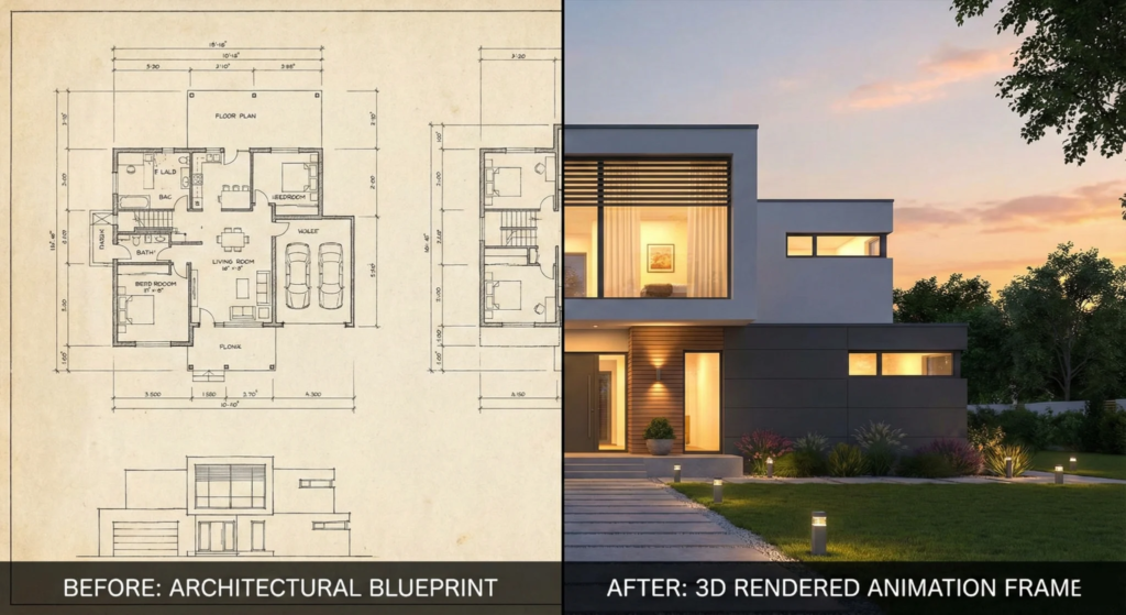 Split comparison showing architectural blueprints on the left and a photorealistic 3D rendered exterior of a modern home at…