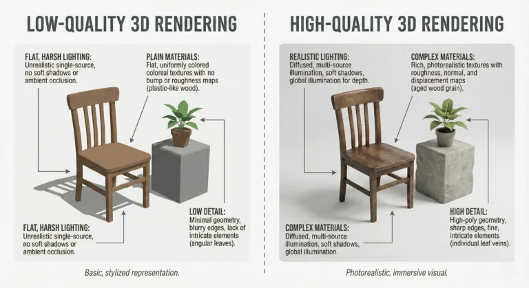 Side-by-side comparison showing low-quality and high-quality 3D renders of a wooden chair with annotations detailing…