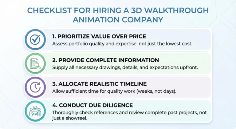 Infographic checklist with four tips for hiring a 3D walkthrough animation company: prioritize value, provide complete…