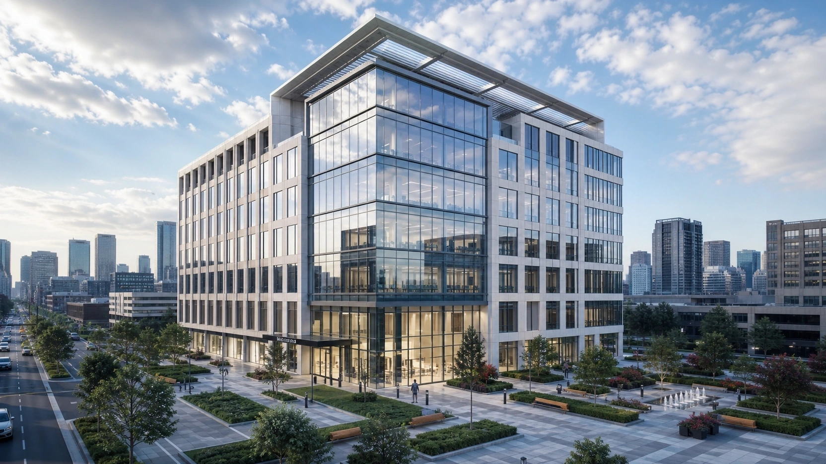 Photorealistic 3D architectural animation establishing shot of a contemporary commercial office tower with landscaped public plaza demonstrating 70 to 85 BPM commercial animation visual context