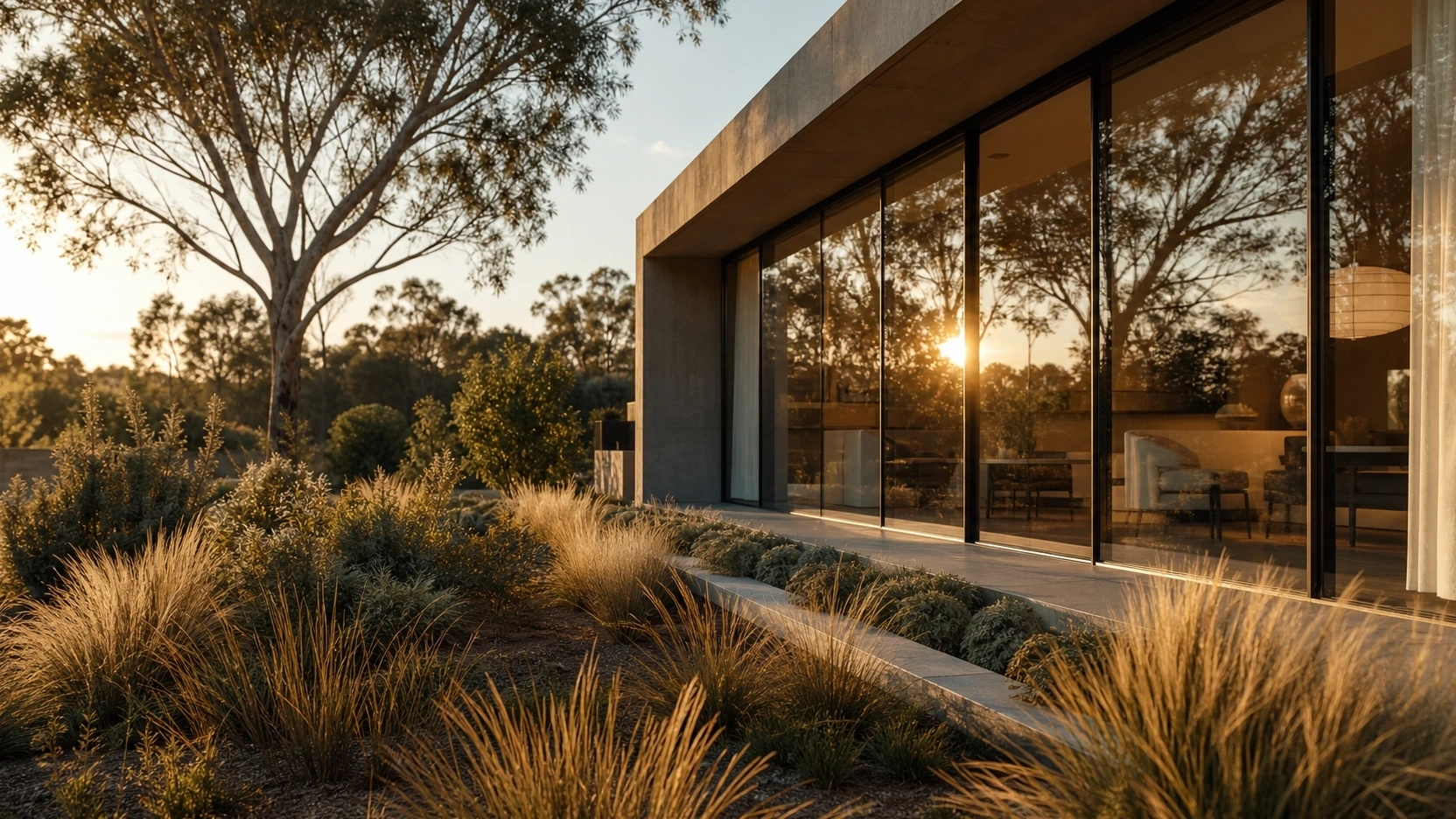 Photorealistic 3D architectural animation still frame of a contemporary residential exterior at golden hour with native garden and glazed facade demonstrating exterior ambient audio context