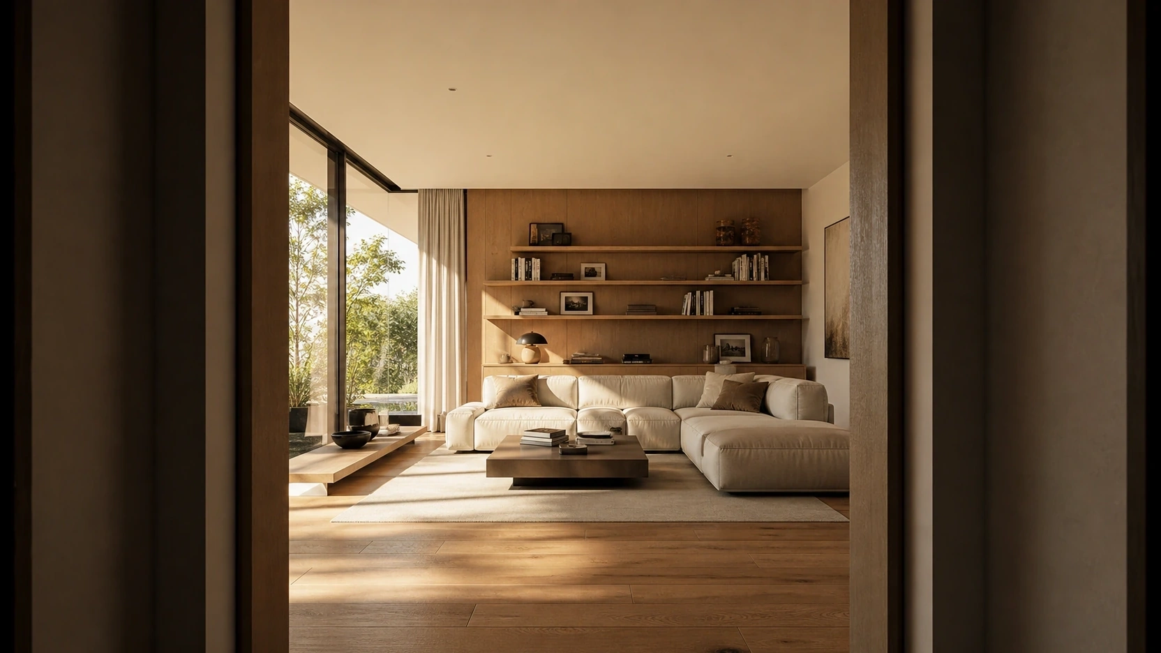 Photorealistic 3D architectural animation still frame showing a room reveal through a tall open doorway into a warm daylit contemporary living room demonstrating the SFX room reveal event