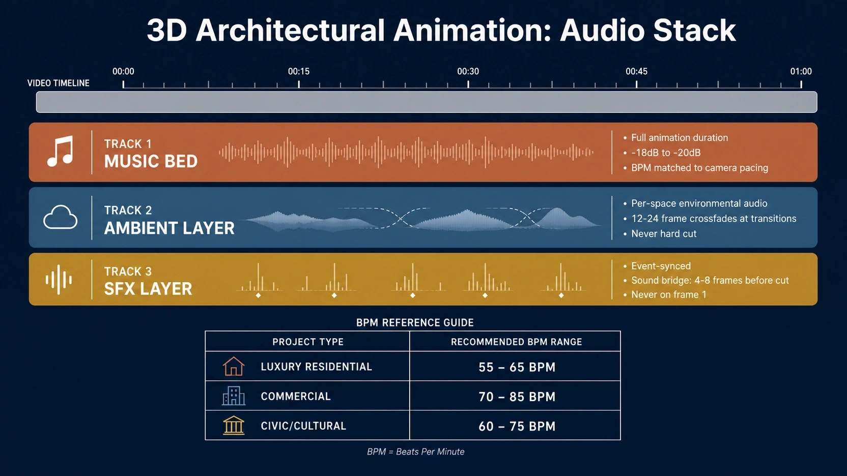three-layer audio stack for 3D architectural animations with Music Bed, Ambient Layer, and SFX Layer track bars and BPM reference table by project type