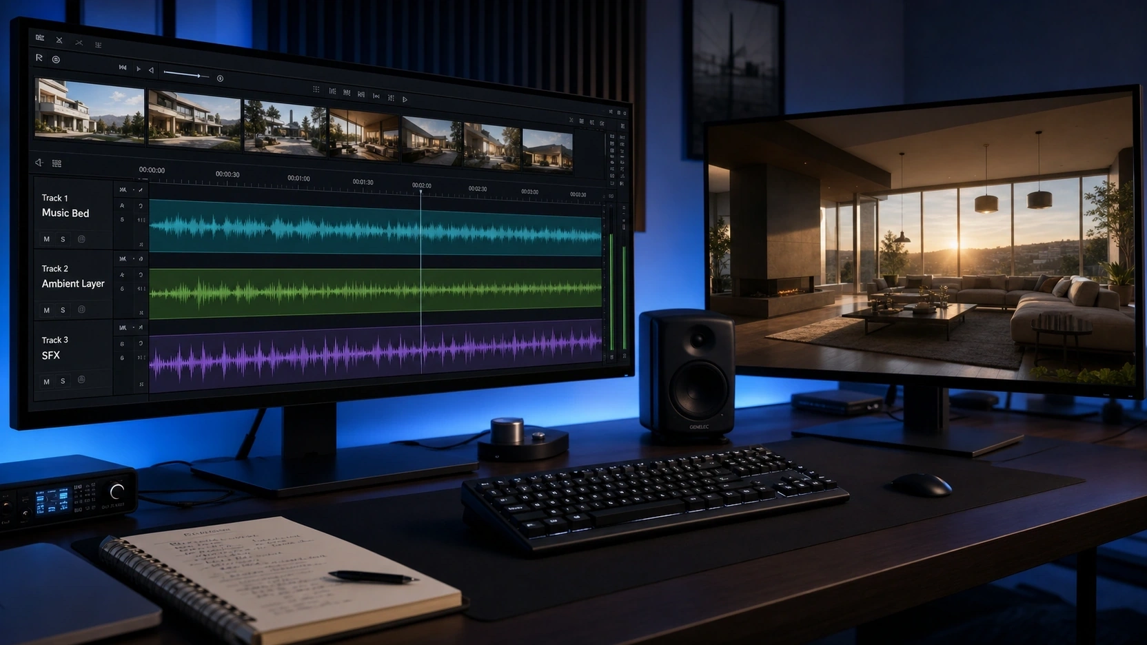 Post-production workspace showing a DAW timeline with three audio tracks labelled Music Bed, Ambient Layer, and SFX beneath a 3D architectural animation video timeline on a professional monitor