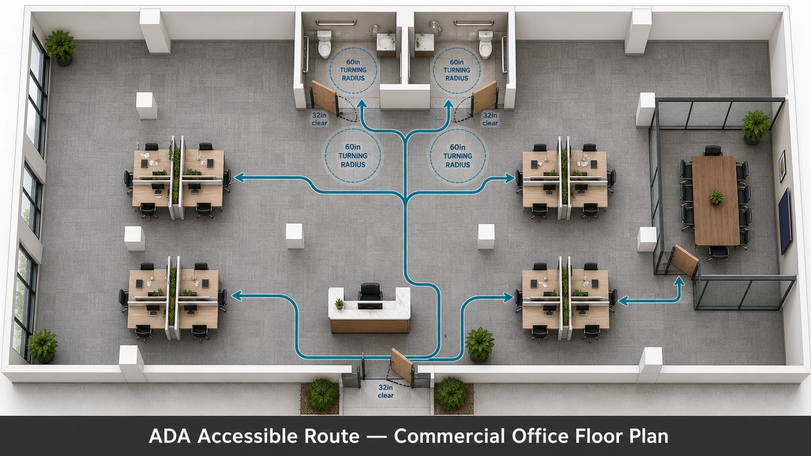 Top-down orthographic 3D floor plan of a commercial open-plan office showing teal ADA accessible route lines, 60-inch wheelchair turning radius circles at corridor ends and restroom entries, and 32-inch clear doorway annotations