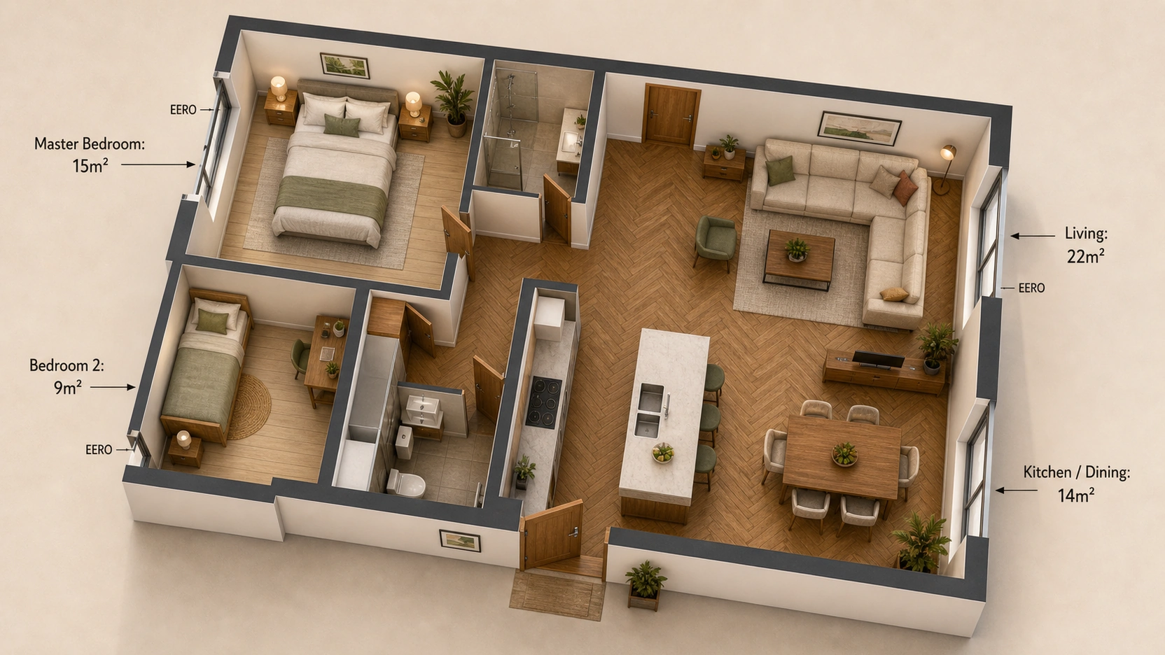 Warm isometric 3D floor plan visualization of a 2-bedroom residential apartment with timber flooring, furniture at human scale, and standard charcoal room name and square footage annotations