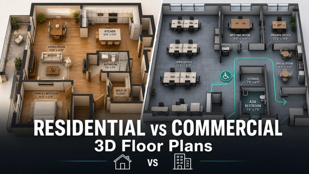 Blog thumbnail for 3D floor plans post with text overlay reading Residential vs Commercial and 3D Floor Plans on a split warm residential and commercial floor plan background with house and office building graphic icons