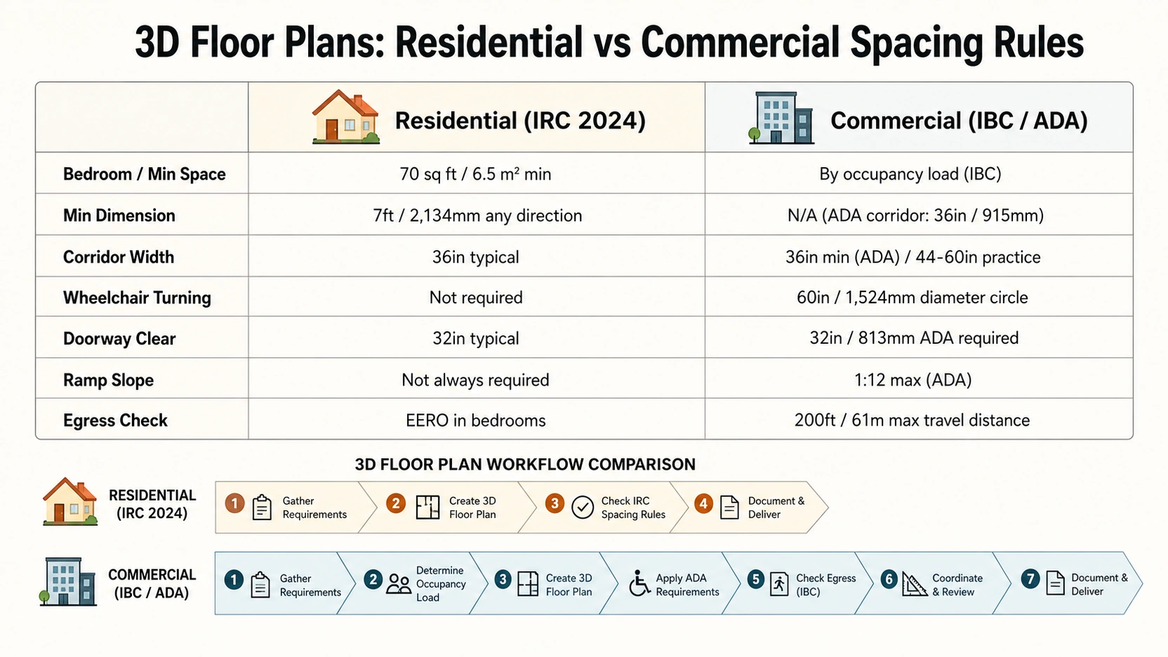 Infographic comparing residential IRC 2024 and commercial IBC ADA spacing rules for 3D floor plans including bedroom minimums, ADA corridor clearances, and a 4-step vs 7-step production workflow comparison