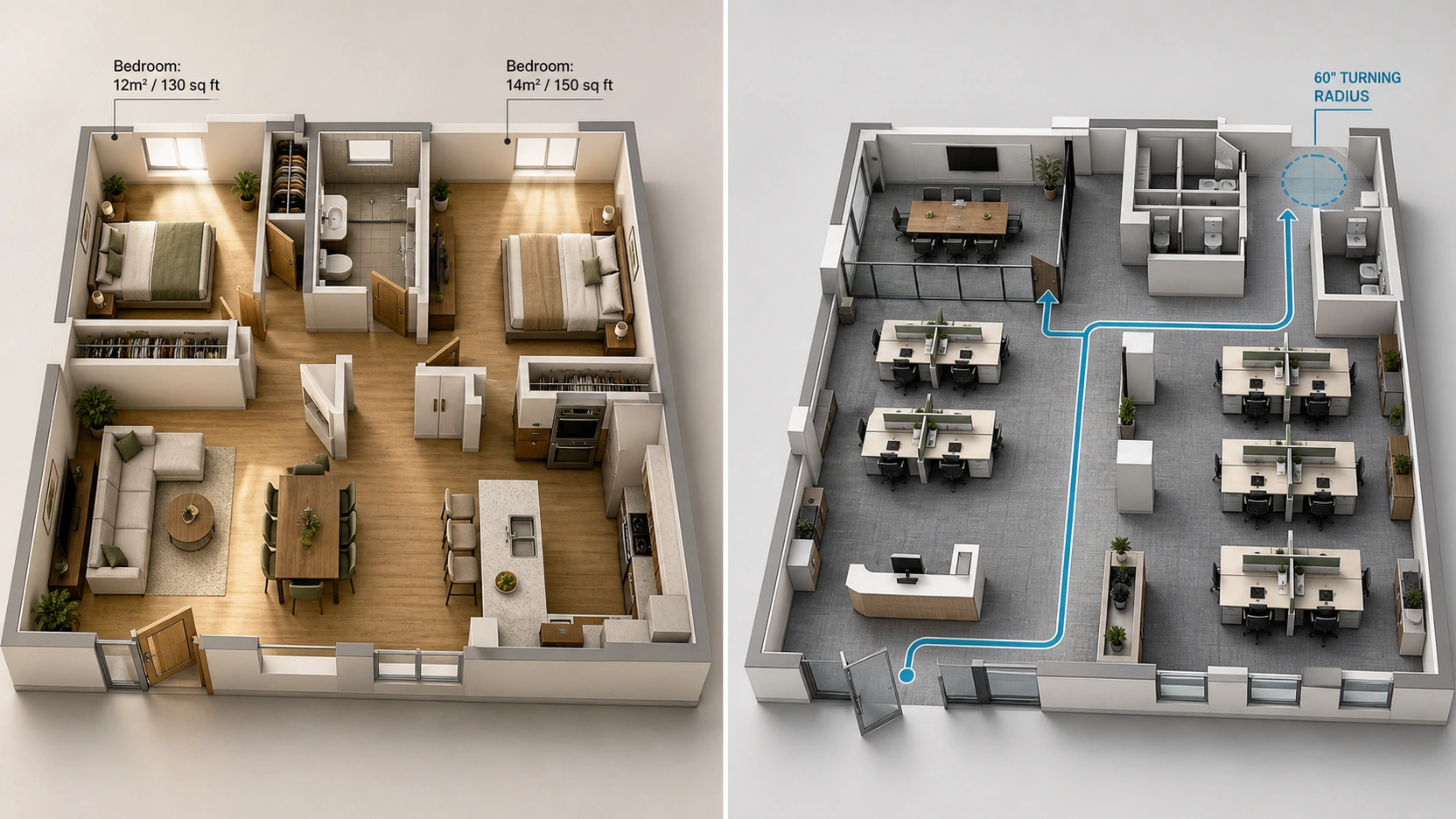 Split panel 3D floor plan visualization showing a warm residential apartment floor plan on the left with furniture and dimension annotations and a commercial office floor plan on the right with ADA accessible route teal annotation overlay