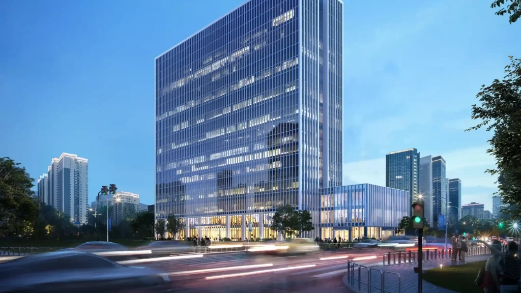 Photorealistic 3D exterior render of a modern glass office tower with vertical louvers and illuminated interiors at dusk.
