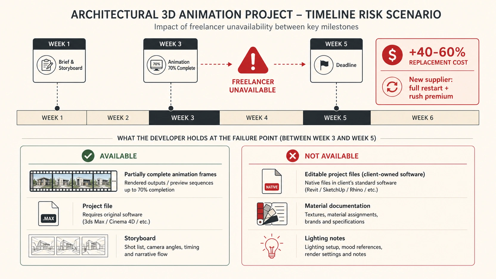 Flat design timeline diagram showing an architectural 3D animation project failure scenario where a freelancer becomes unavailable at week 4 of a 6-week project showing 40 to 60 percent replacement cost impact and what deliverables the client holds versus what is missing