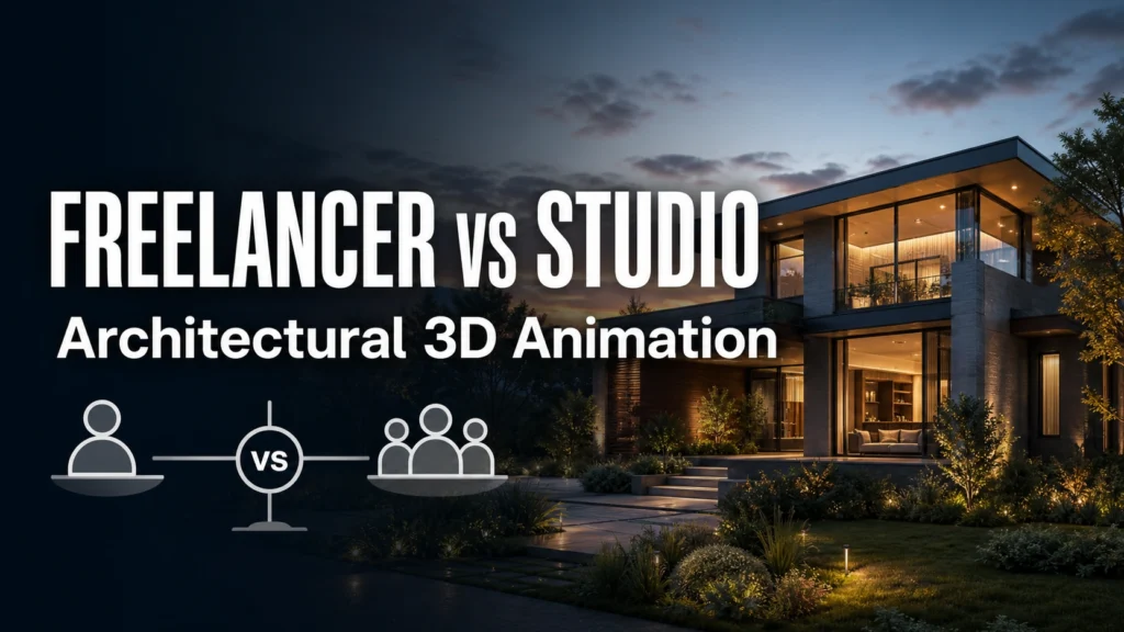 Blog thumbnail for architectural 3D animation post with text overlay Freelancer vs Studio on a premium dusk residential exterior animation still with person and team silhouette graphic icons