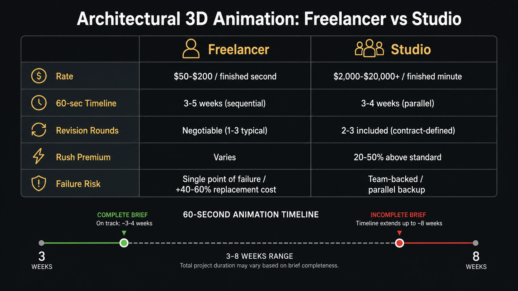 architectural 3D animation freelancer and studio rates per second, turnaround timelines, revision rounds, rush premiums, and failure risk on a dark charcoal background