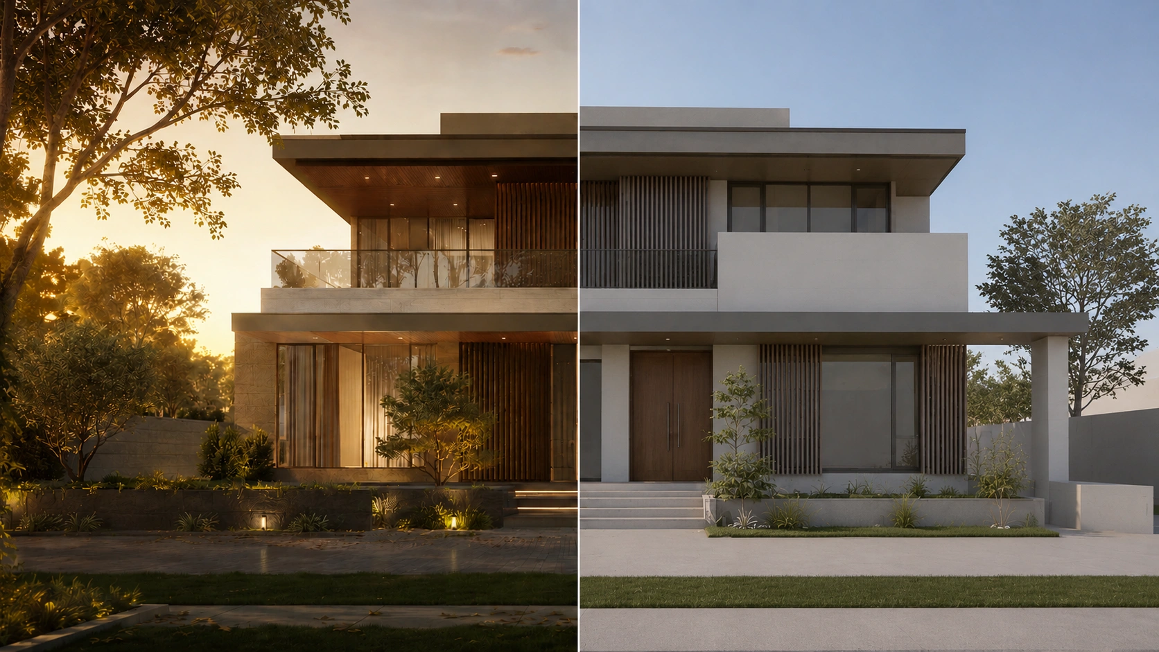 Split panel comparison of architectural 3D animation quality tiers showing studio-grade output with premium lighting on the left and competent mid-range freelancer output on the right of the same residential exterior scene