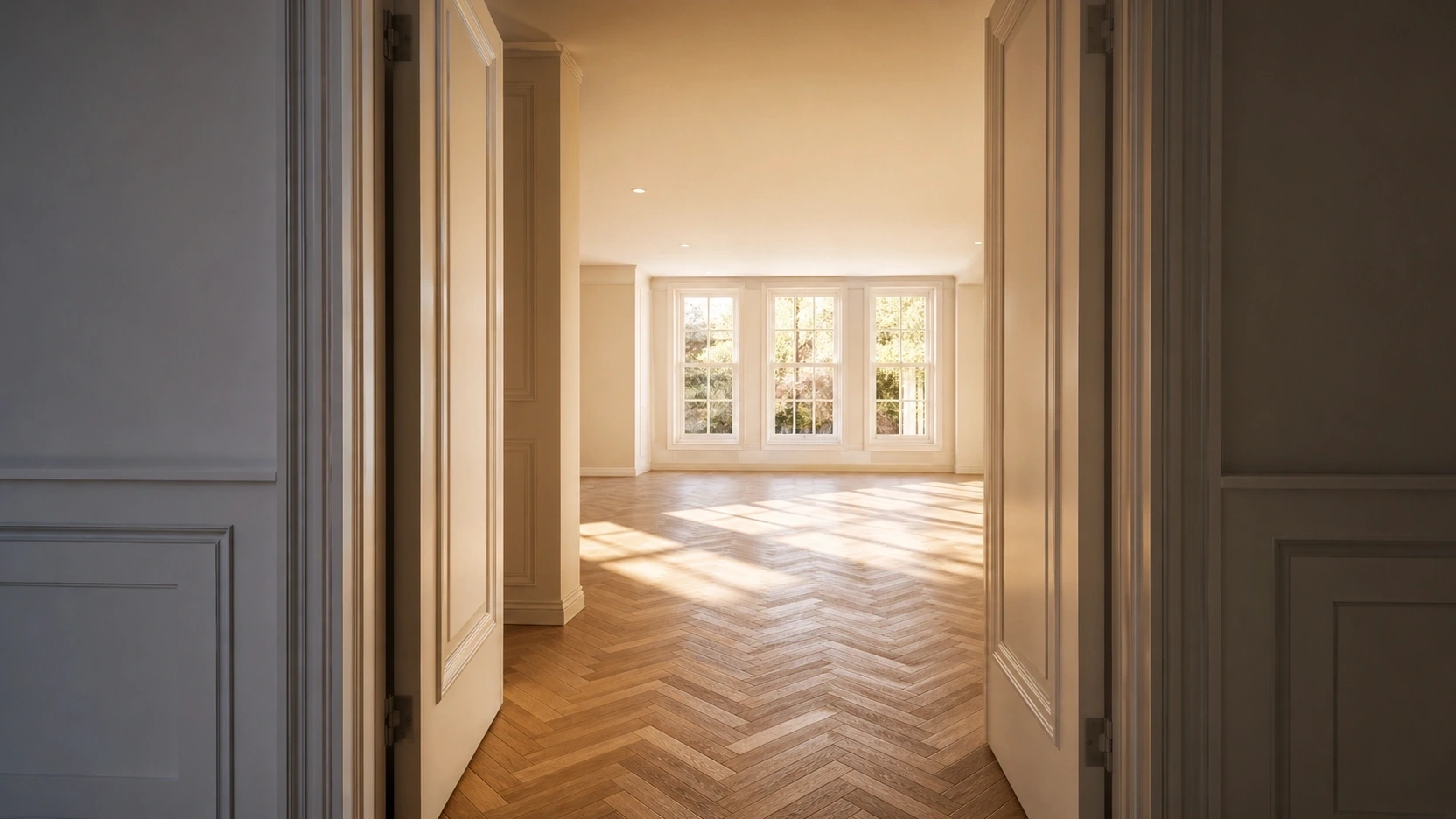 Photorealistic architectural walkthrough camera view passing through a tall double doorway from a cool hallway into a warm daylit living room