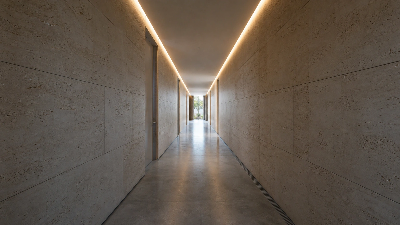 Photorealistic architectural walkthrough corridor shot showing camera path guiding through travertine wall panels toward a bright exit doorway