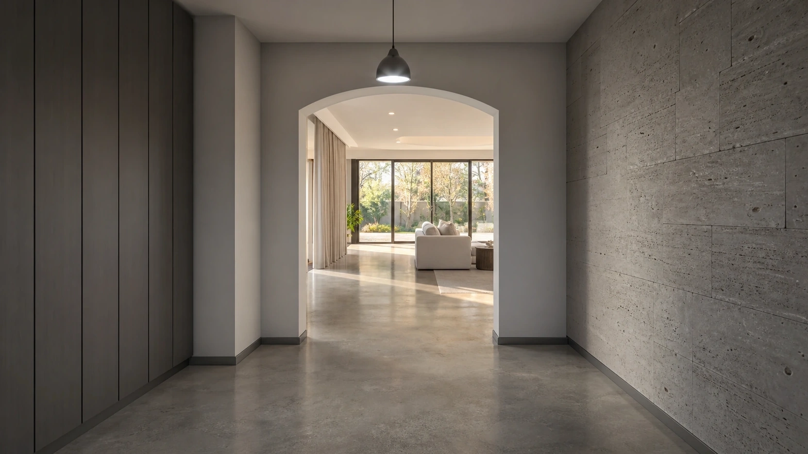 Photorealistic architectural walkthrough view through a contemporary foyer looking into a warm sunlit living room through an open archway