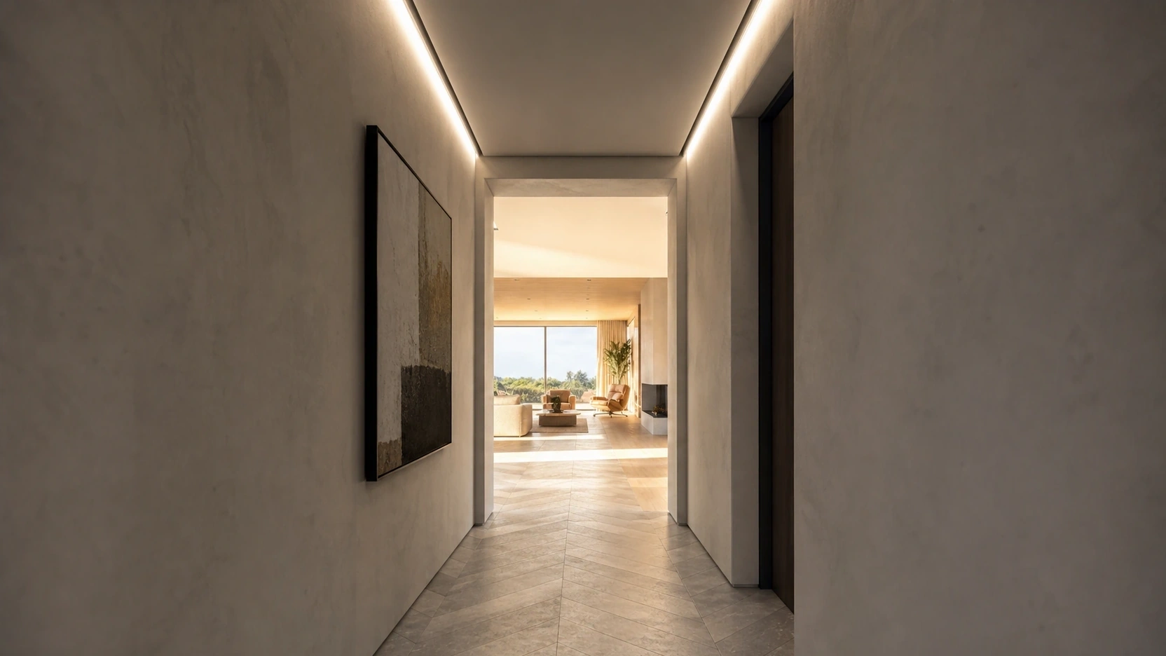 Photorealistic interior architectural walkthrough view down a contemporary corridor toward a bright doorway opening into a warm living room
