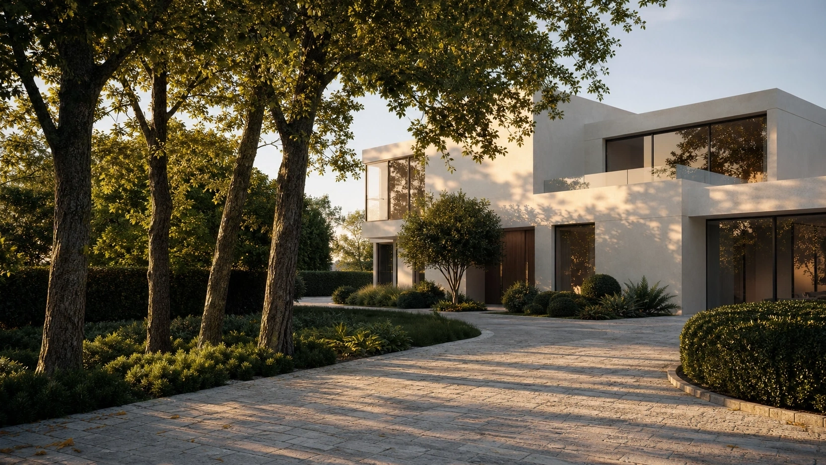 Photorealistic architecture animation still frame showing three mature oak trees in natural staggered sway in a residential garden exterior at golden hour demonstrating correct two-frequency foliage wind
