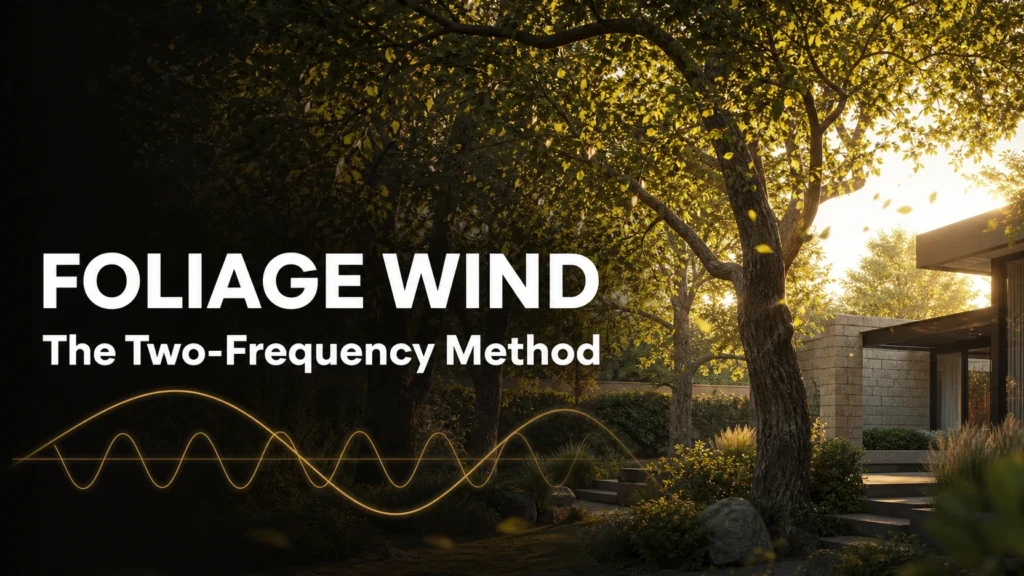 Blog thumbnail for architecture animation post with text overlay reading Foliage Wind and The Two-Frequency Method on a warm golden hour exterior animation frame with overlapping sine wave graphic element