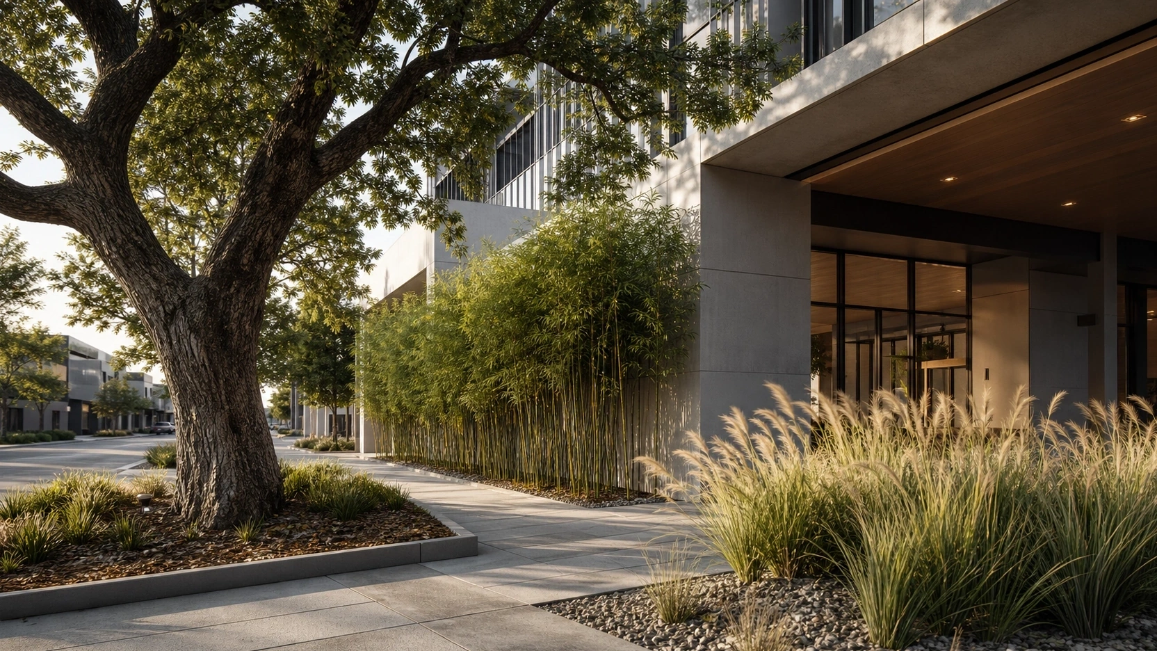 Photorealistic exterior architecture animation frame showing mixed foliage species with different wind response rates including mature oak, bamboo screen, and native grasses demonstrating per-species SpeedTree response time configuration