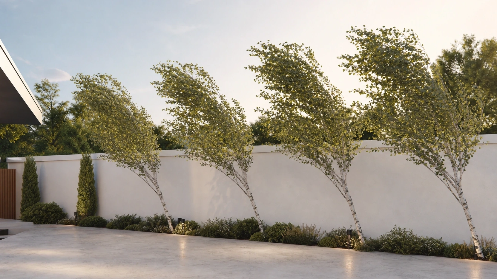 Photorealistic architecture animation still frame showing five birch trees in a courtyard all at identical sway angle simultaneously demonstrating synchronised single-frequency wind animation problem