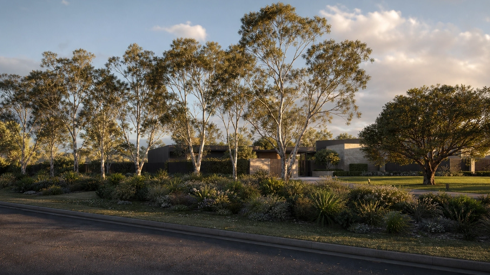 Photorealistic architecture animation still frame showing a residential property with multiple tree species all responding to wind at correct individual rates through Unreal Engine Material Parameter Collection wind control