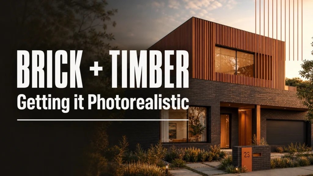 Blog thumbnail for exterior house rendering post with text overlay reading Brick Plus Timber and Getting it Photorealistic on a golden hour residential facade background