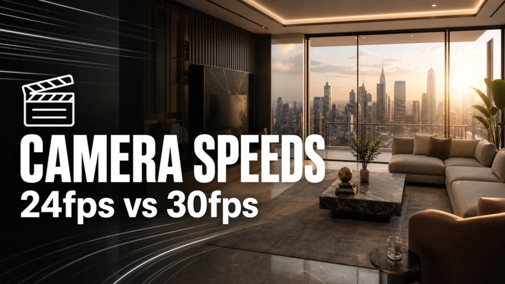 Blog thumbnail for 3D architectural walkthrough post with text overlay reading Camera Speeds 24fps vs 30fps on a penthouse living room background with speed line graphics