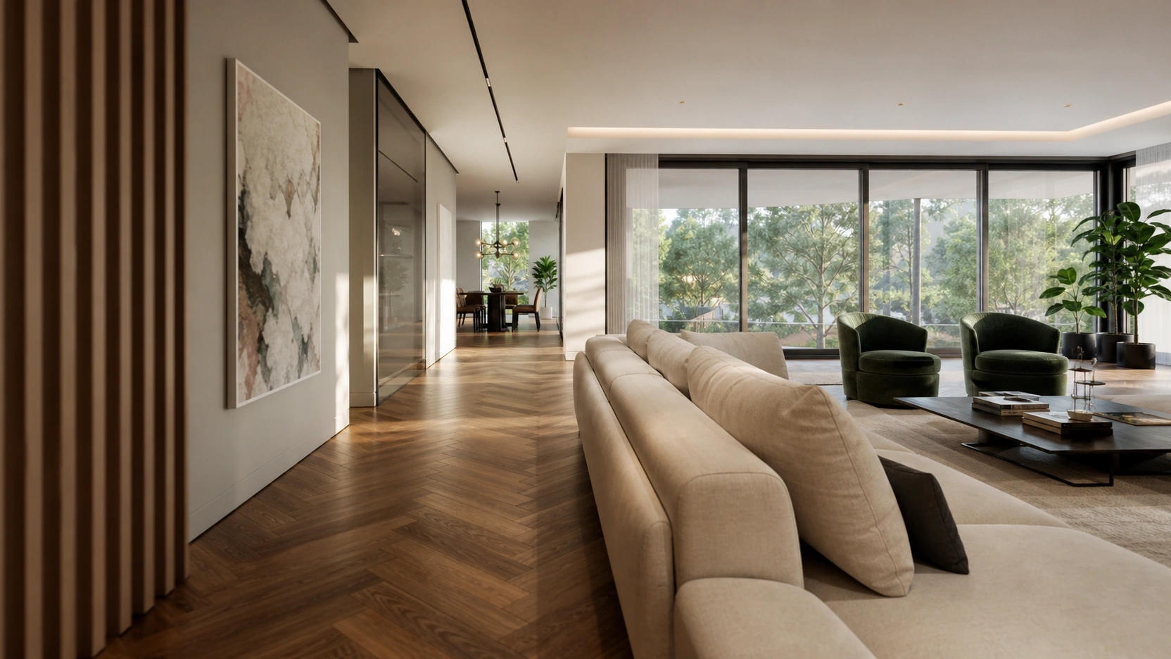 Cinematic 3D architectural walkthrough at eye level through a contemporary open-plan living area with afternoon daylight and depth of field
