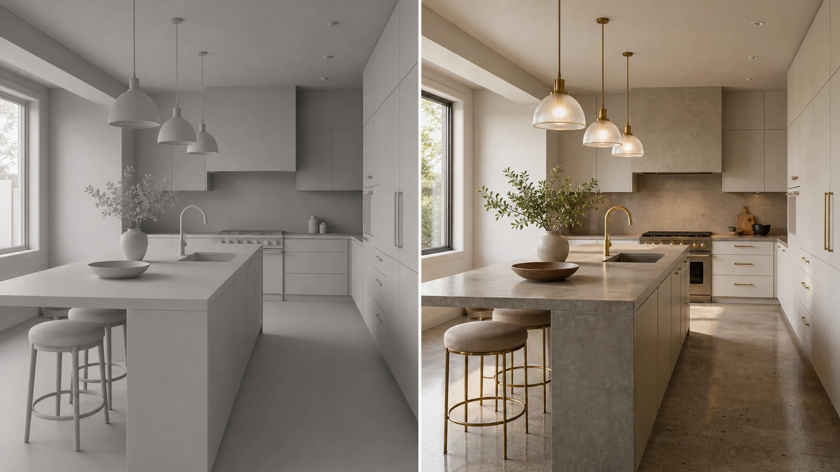 Side-by-side comparison of clay render and final photorealistic interior rendering of the same kitchen scene