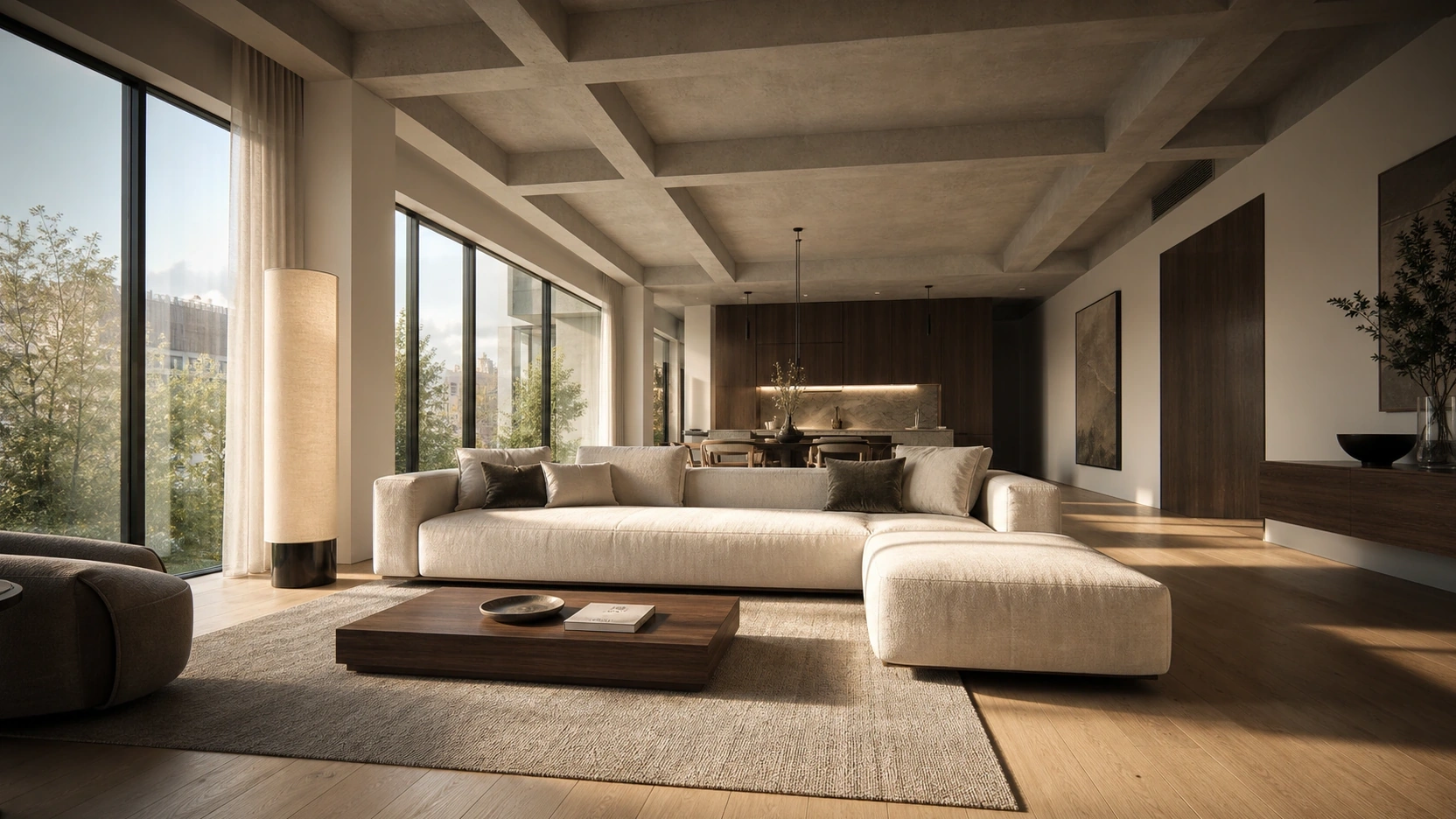 Photorealistic interior rendering of a contemporary open-plan living room with natural afternoon light across white oak floors