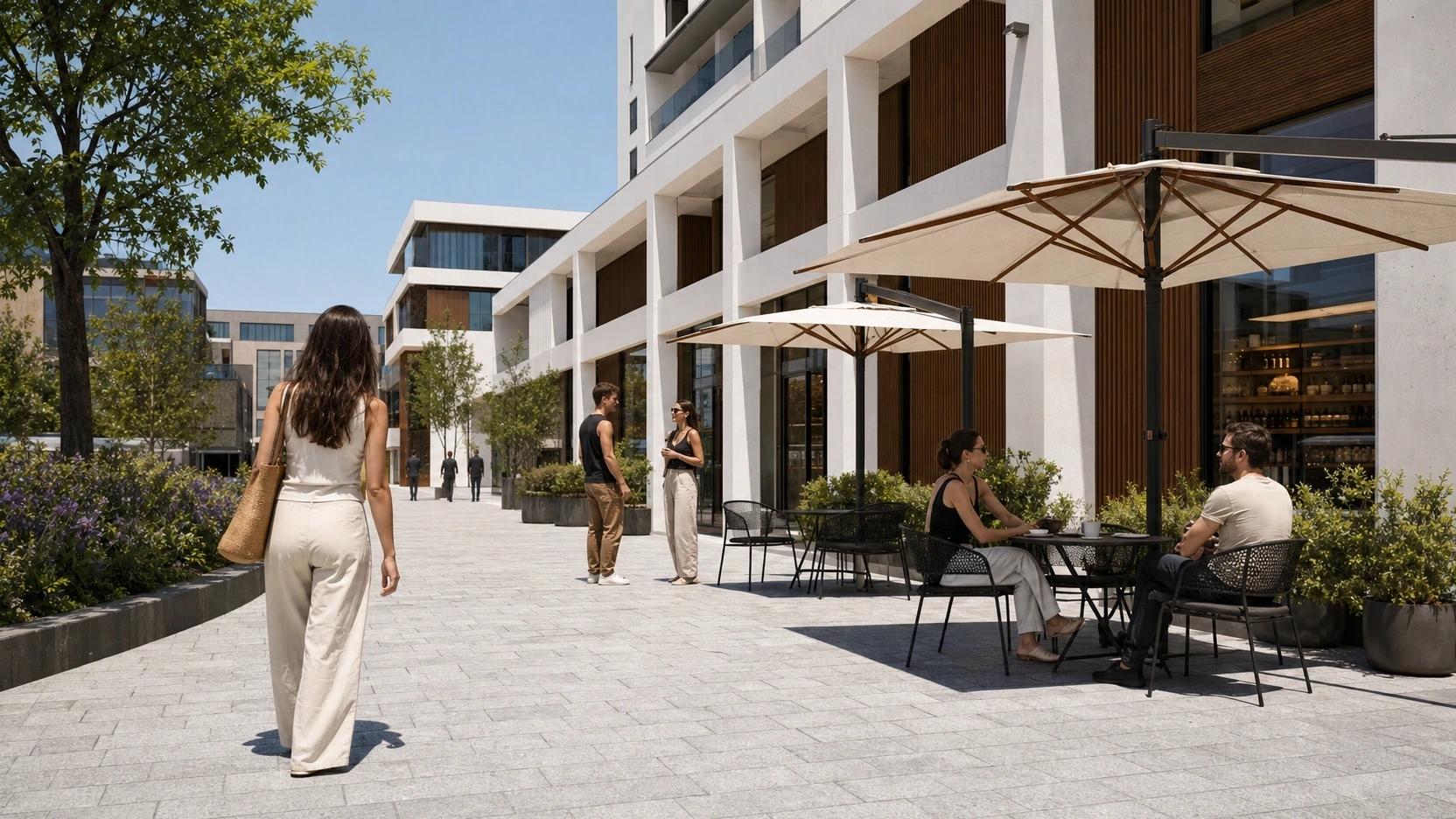Photorealistic exterior 3D visualization of a modern urban plaza showing naturally varied entourage placement with correct figure orientation and contact shadows