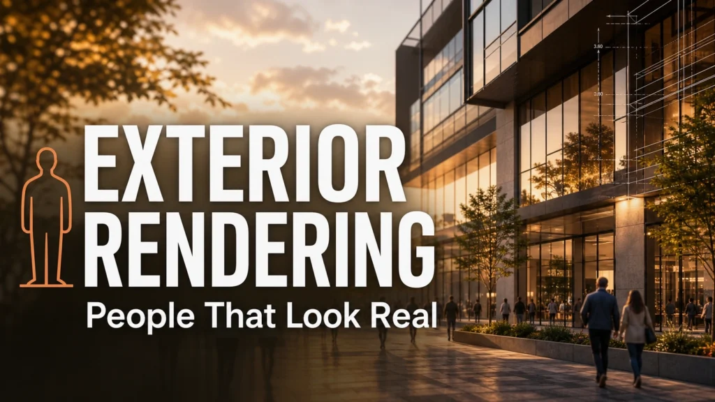 exterior 3D visualization post with text overlay reading Exterior Rendering and People That Look Real on a golden hour building background with architectural grid graphics