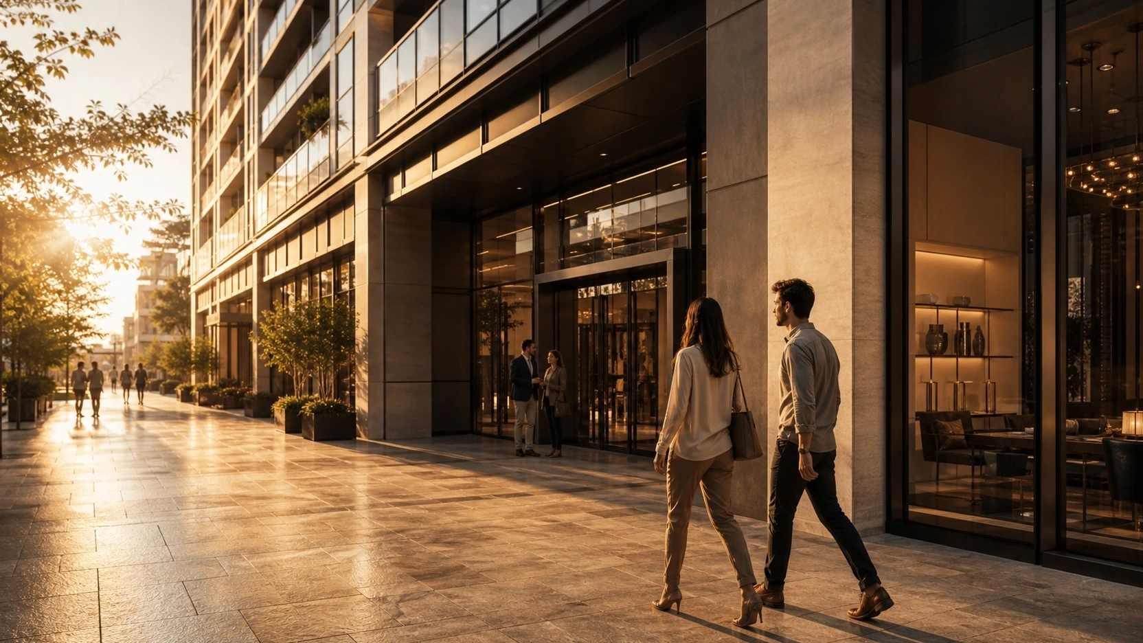 Photorealistic exterior 3D visualization of a contemporary mixed-use building at street level with correctly placed entourage figures and golden afternoon light
