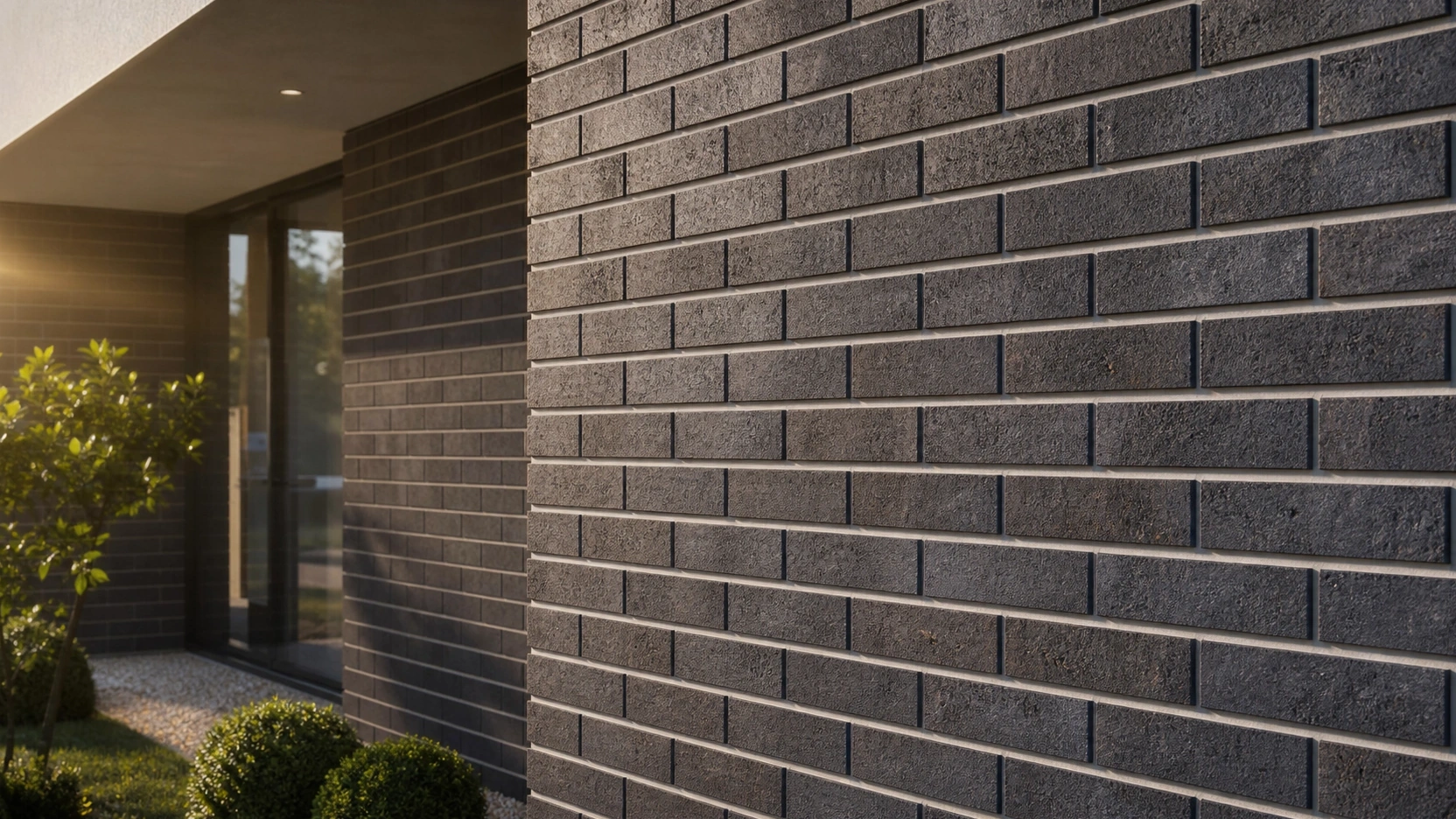 Close-up exterior house rendering of dark charcoal brick facade showing correct displacement map depth with mortar joint shadows at 3 metres camera distance