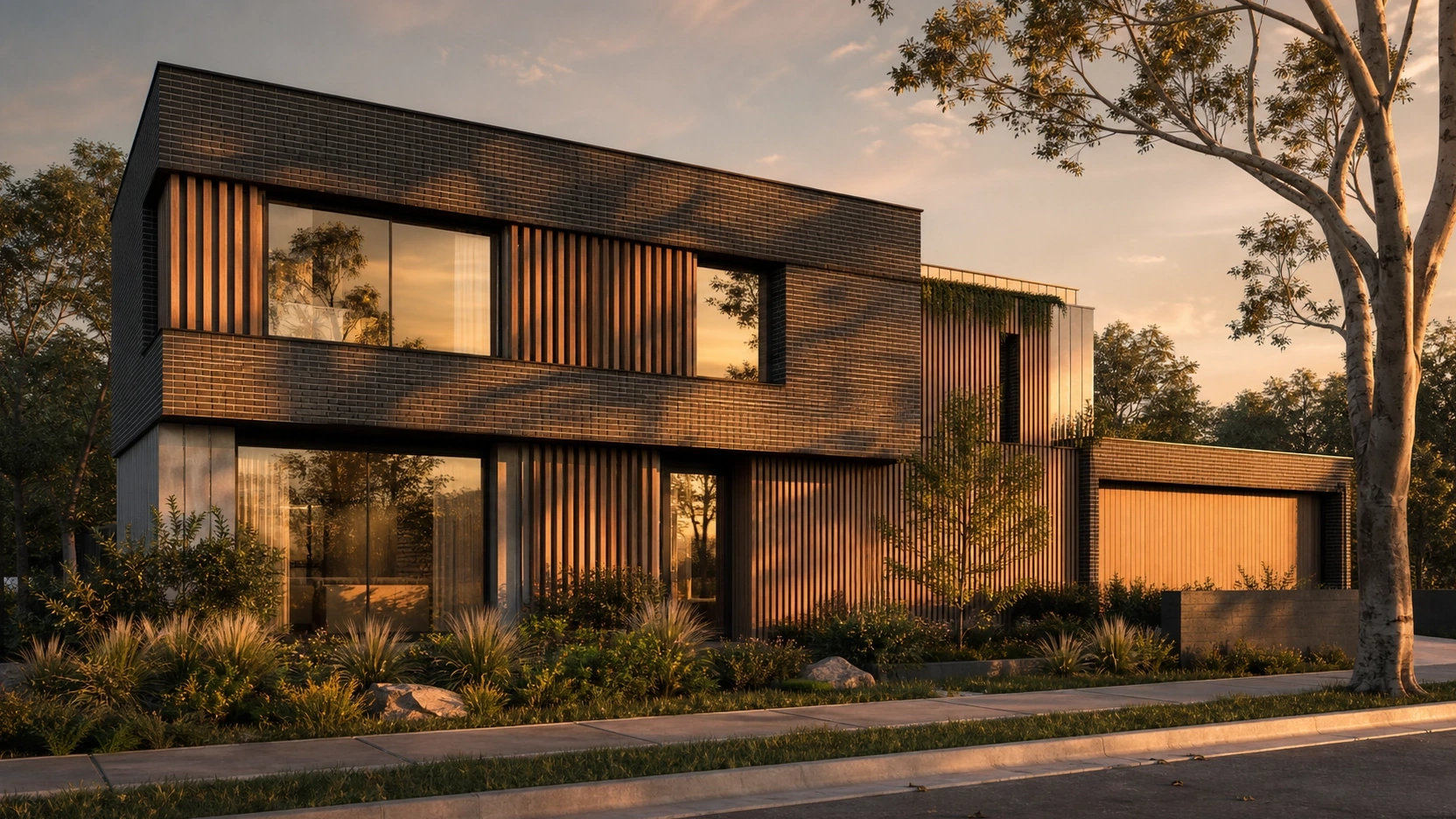 Photorealistic exterior house rendering at golden hour showing full brick and timber facade from diagonal angle with horizontal brick course shadows and vertical batten shadow lines