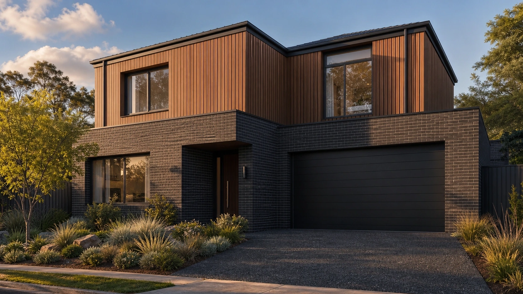 Photorealistic exterior house rendering of a contemporary home with dark charcoal brick lower storey and warm timber batten upper storey at golden hour with strong directional shadows