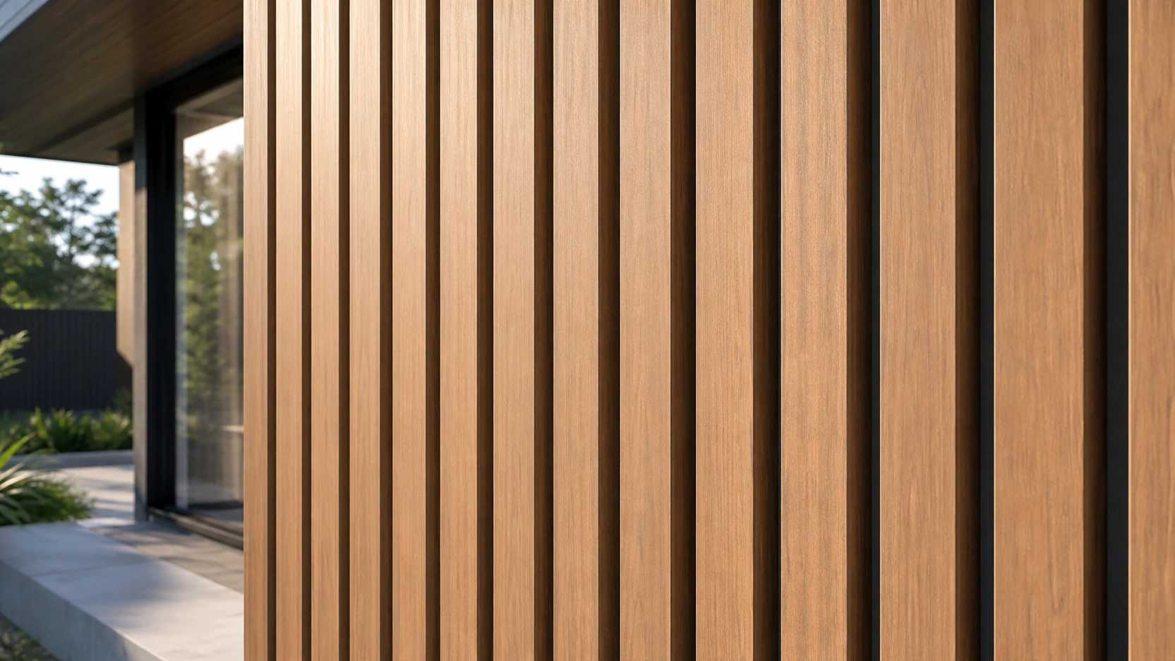 Close-up exterior rendering of vertical timber batten cladding on a contemporary home with directional shadow lines from batten edges at golden hour