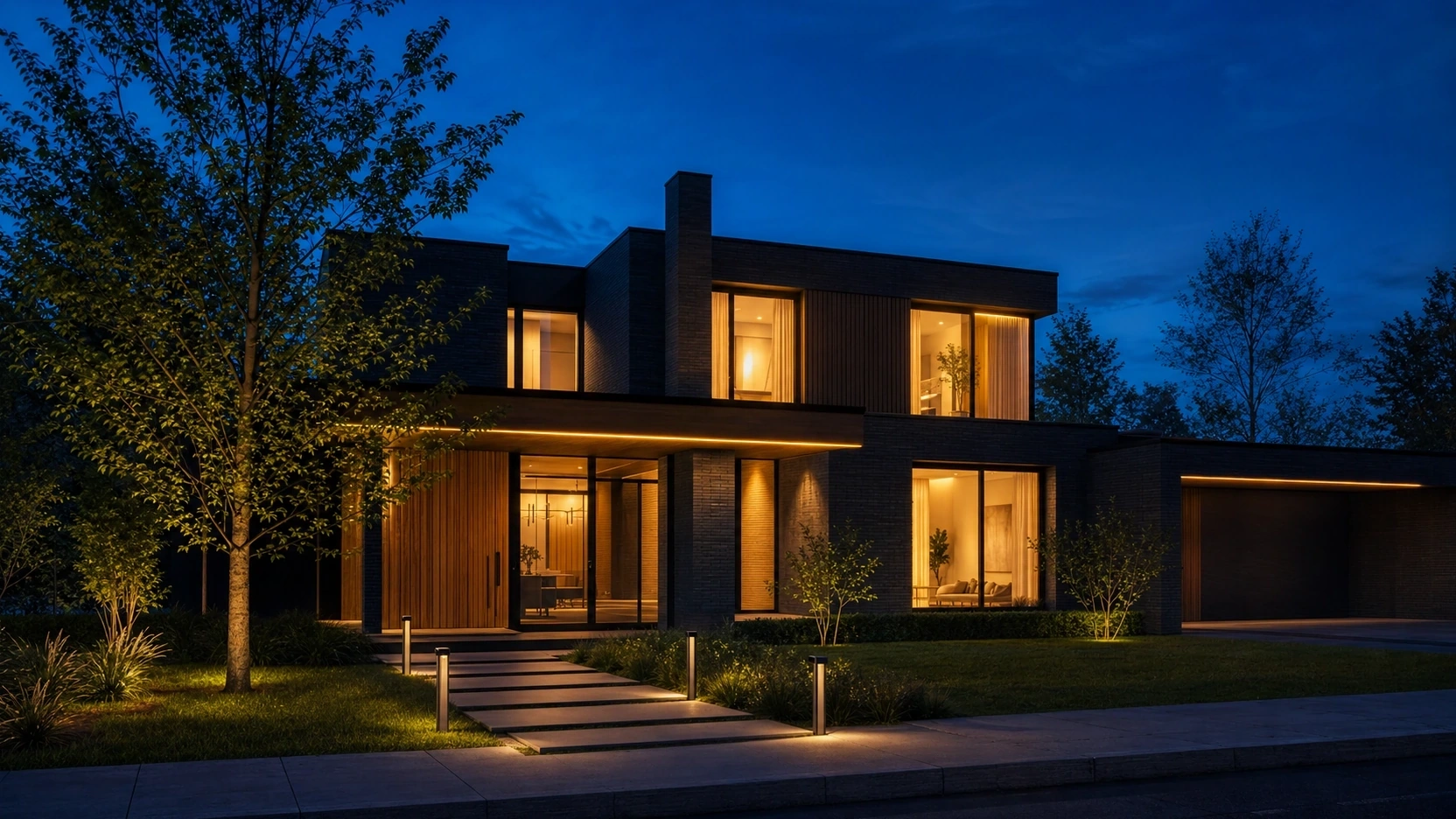 Photorealistic blue hour exterior rendering of a contemporary residential home showing warm amber interior window glow from plane lights at 2700K against cool blue sky ambient with Bloom and Glare effect