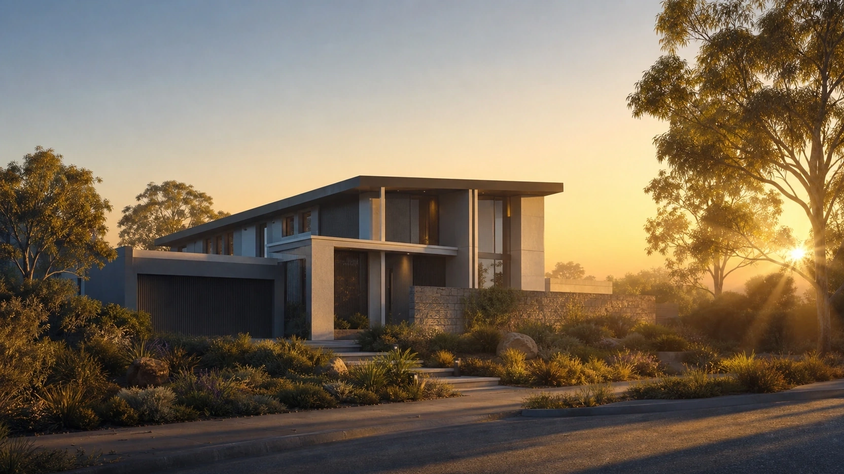 Photorealistic golden hour exterior rendering of a contemporary residential home with soft diffused shadows from V-Ray Sun size multiplier 4, Hosek sky gradient, and atmospheric god rays through tree canopy