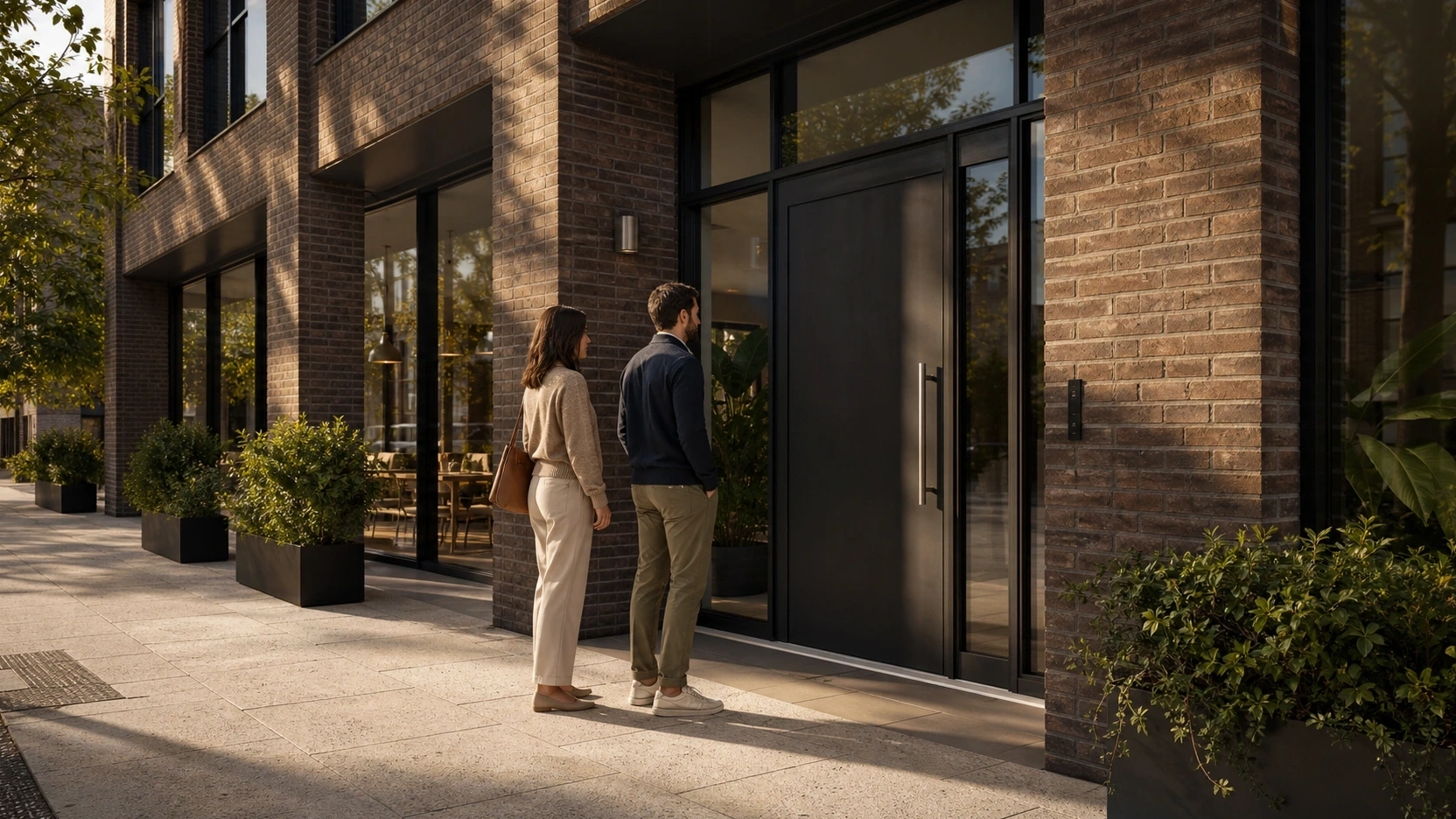 Exterior architectural rendering showing two adult figures scaled correctly against a 2.1m standard door frame demonstrating proper entourage scale in exterior 3D visualization
