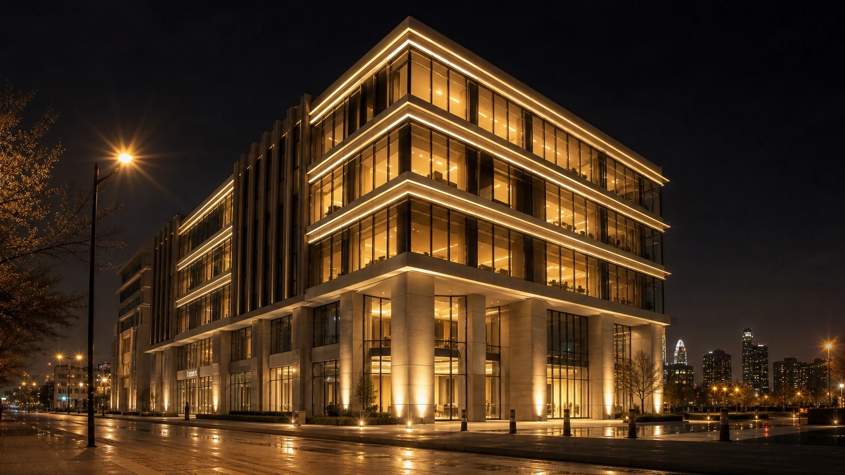 Photorealistic true night exterior rendering of a contemporary commercial office building with dark indigo sky, warm amber interior office lighting through glazing, and IES architectural spotlights on facade