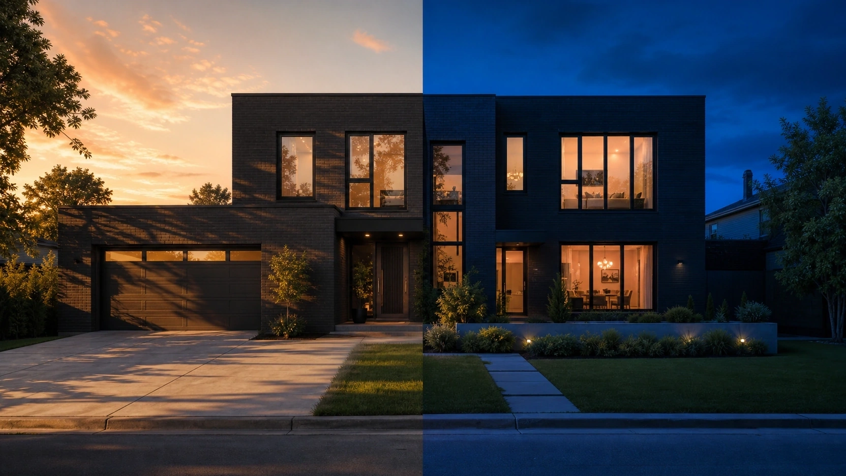 Photorealistic exterior renderings split panel showing the same contemporary residential home at golden hour on the left and blue hour on the right for lighting comparison