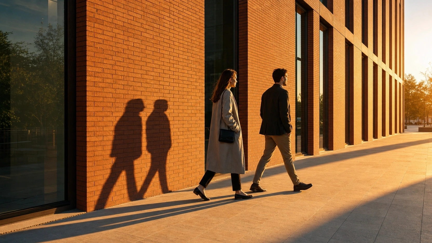 Exterior architectural visualization at golden hour showing entourage figures with warm amber highlights and long directional shadows matching the building shadow angle