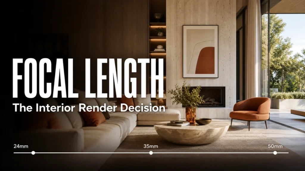 Rendering for interior design post with text overlay reading Focal Length and The Interior Render Decision on a premium living room background with lens selection graphic elements