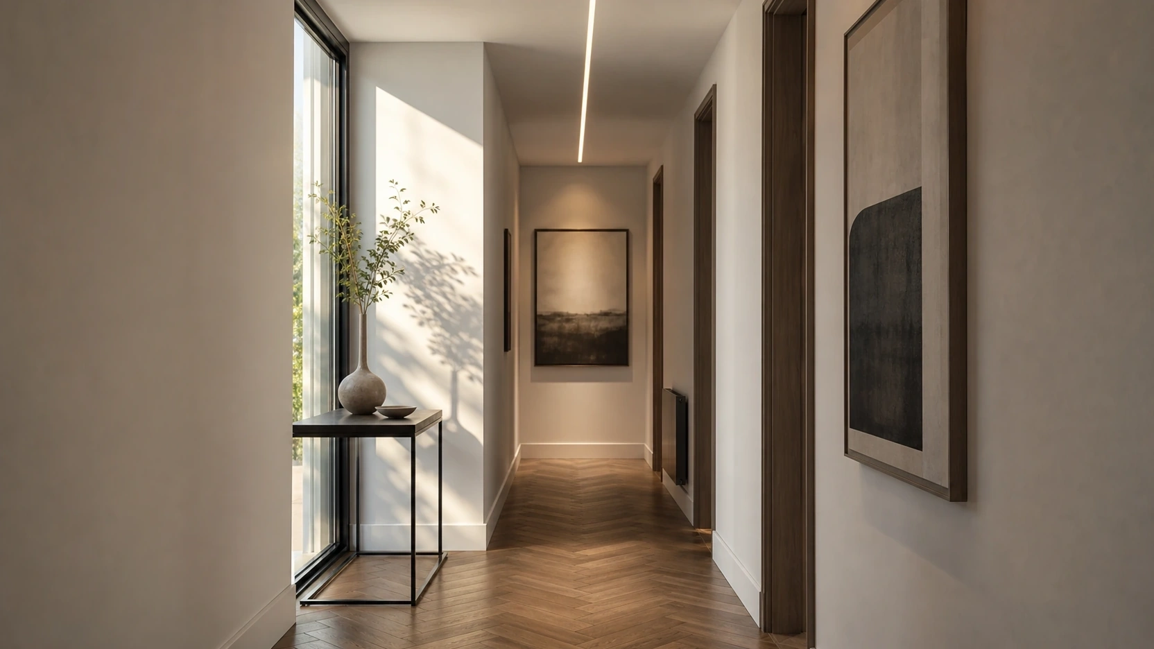 Photorealistic interior design rendering of a contemporary residential hallway showing perfectly parallel vertical lines demonstrating correct V-Ray Lens Shift vertical tilt correction