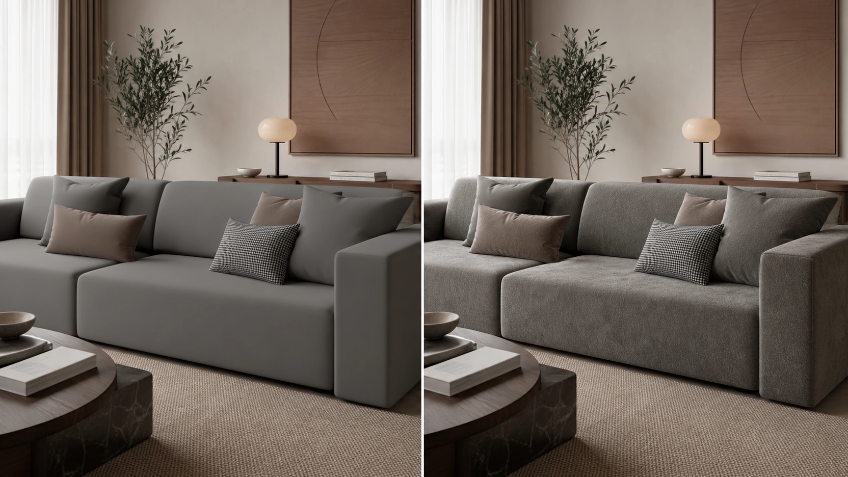 Split panel comparison in an interior design render showing flat plastic-looking sofa fabric with no texture maps on the left and photorealistic velvet fabric with correct normal map sheen and beveled edges on the right